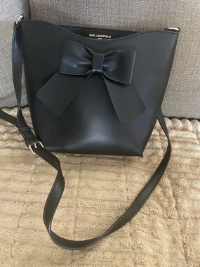 Karl Lagerfeld Black Leather Crossbody with Bow Accent